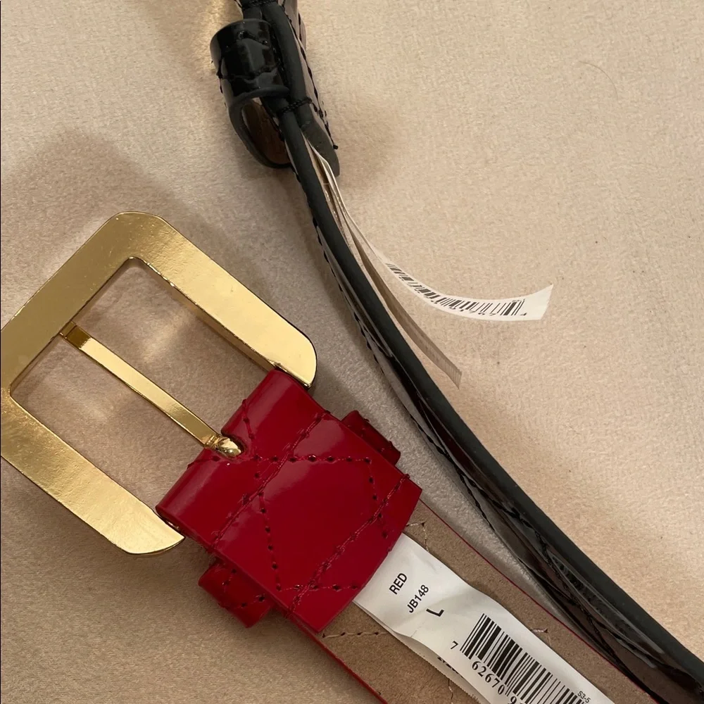 Gold buckle Black and Red patten leather Quilted Belts
